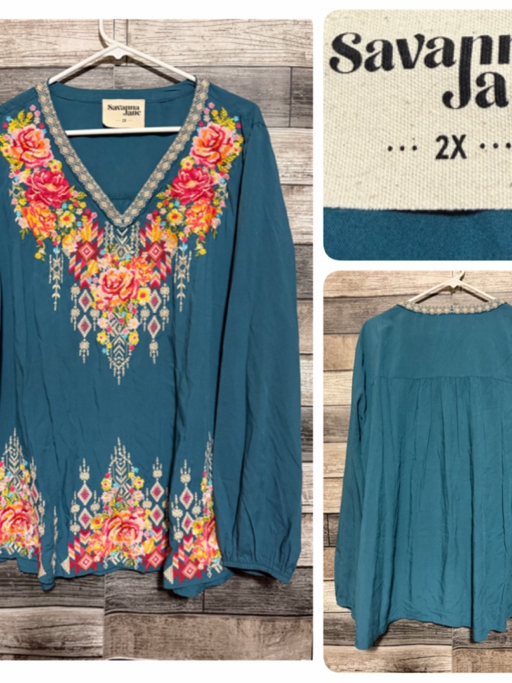 Savanna Jane Floral Embroidered V-Neck Top Blouse Women’s 2X Teal